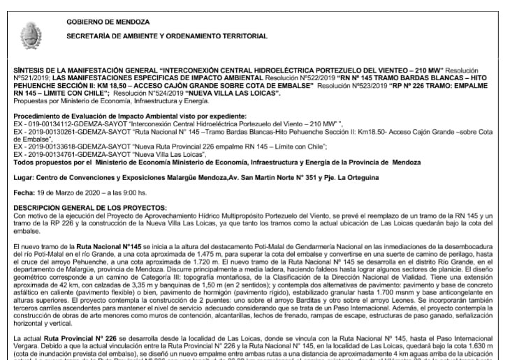 SÍNTESIS DE LA MANIFESTACIÓN GENERAL “INTERCONEXIÓN CENTRAL HIDROELÉCTRICA PORTEZUELO DEL VIENTO