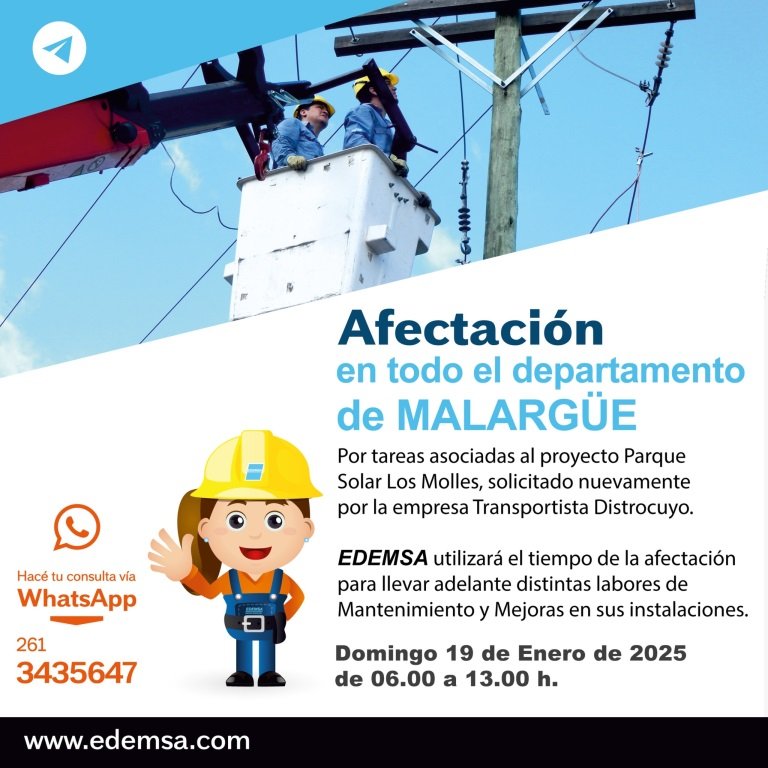 Corte total de energía en Malargüe este domingo por obras del Parque Solar Los Molles