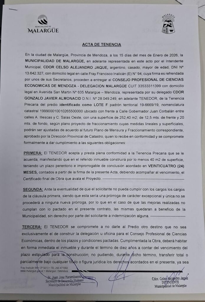 El Municipio de Malargüe entregó un terreno al Consejo Profesional de Ciencias Económicas para una sede propia 6 WhatsApp Image 2026 01 21 at 11.25.04 AM