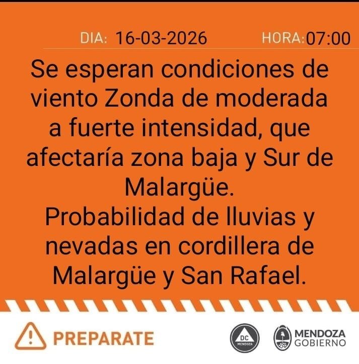 El Zonda llegará esta tarde a Malargüe con ráfagas intensas. 1 WhatsApp Image 2026 03 16 at 7.22.01 AM