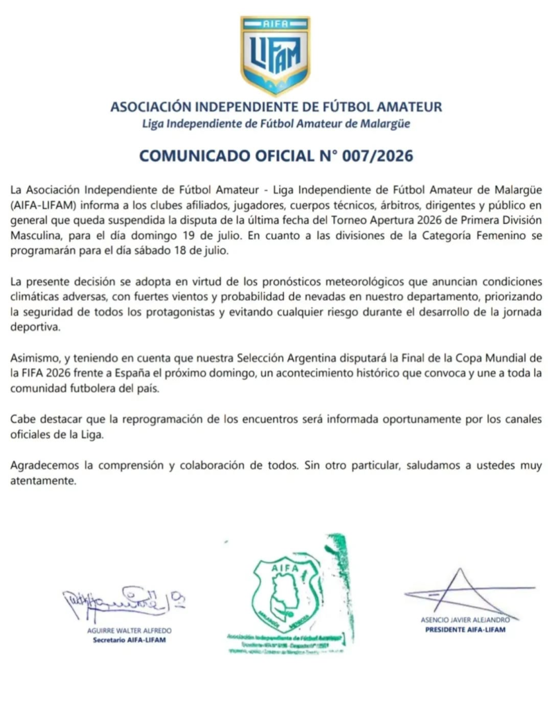 La LIFAM suspendió los partidos de Primera División que se iban a jugar el domingo. 1 image 11